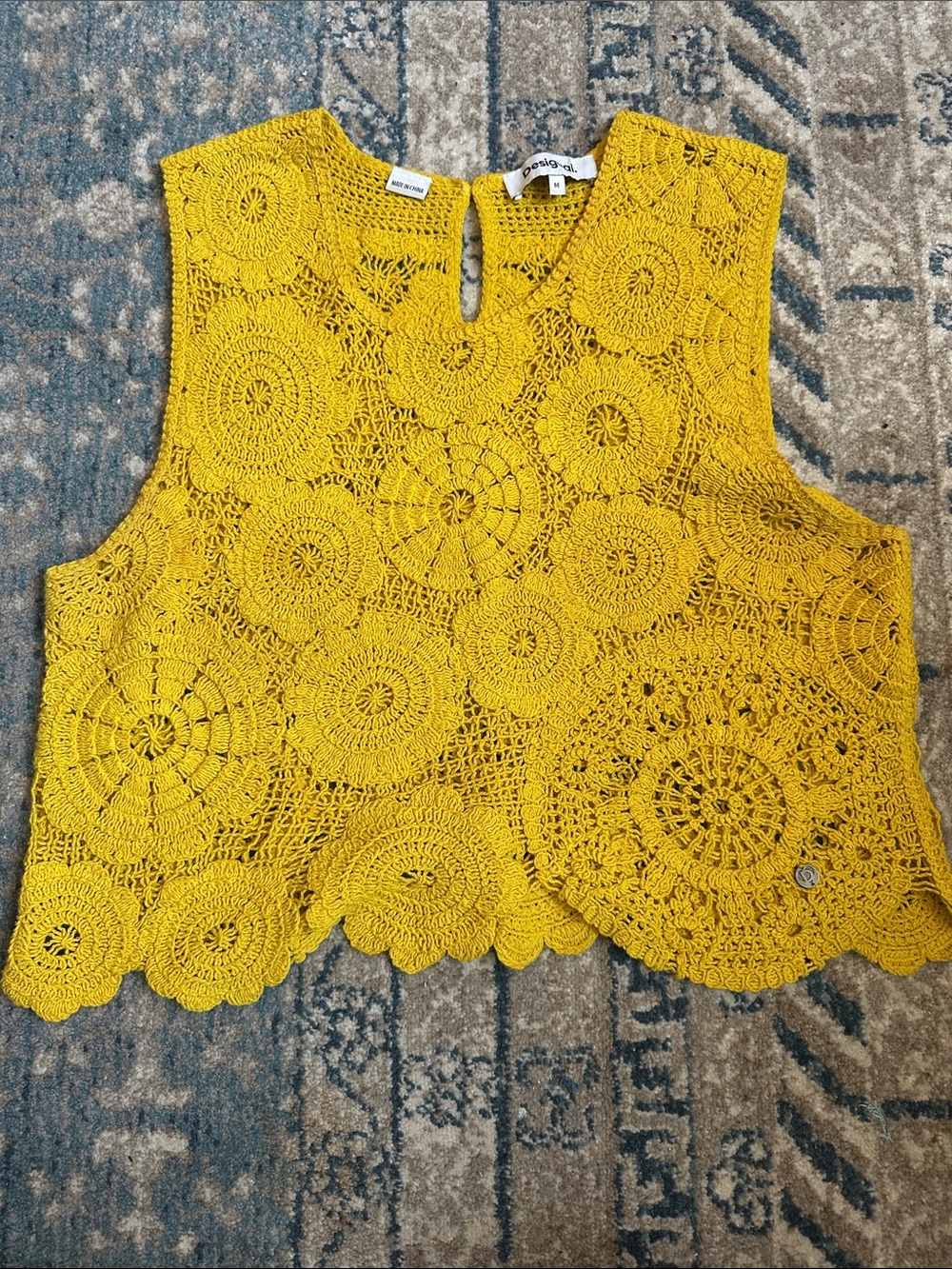 Desigual Yellow Crochet Crop Tank Top